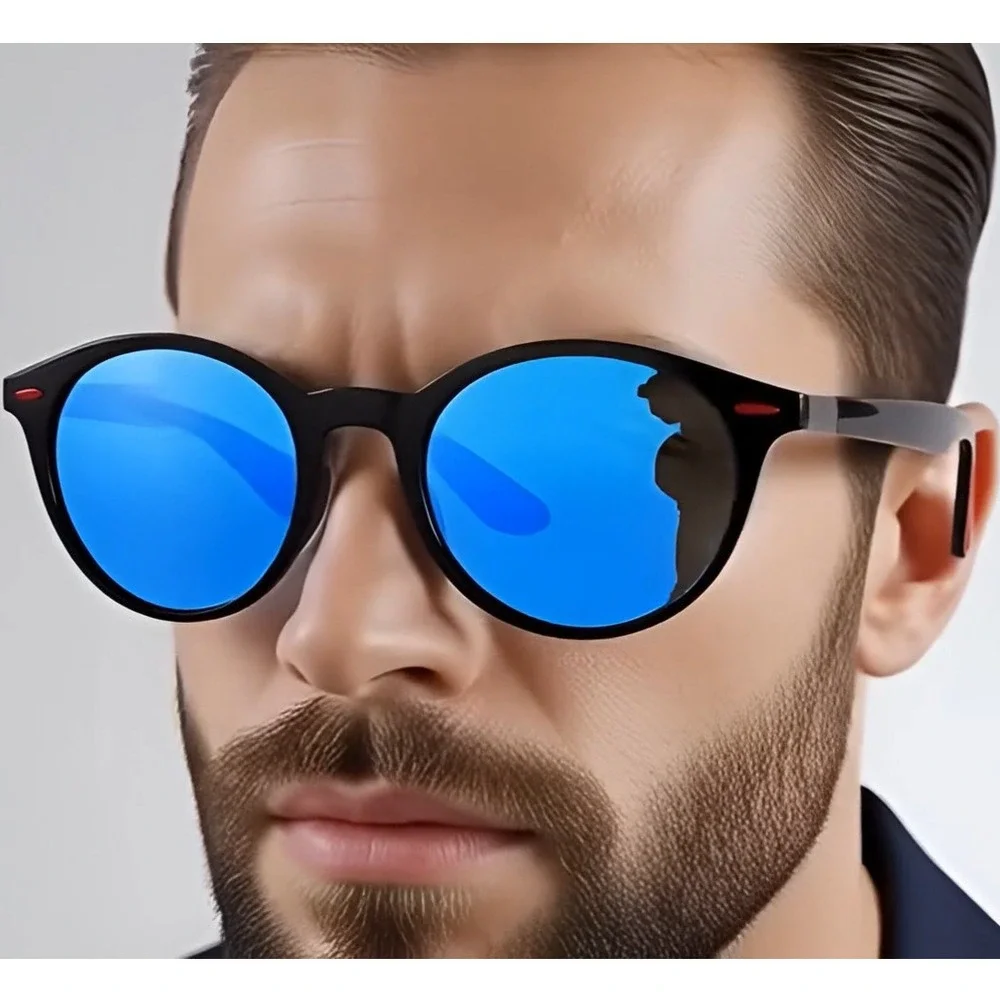 Round Sunglasses Men Polarized Driving Fishing UV Protection‎ Black Blue Lentes